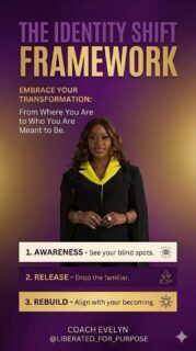 Real transformation isn't about what you do—it's about who you ARE. 💜
​If you’re feeling stuck, it’s likely not a progress problem, but an identity problem. My Identity Shift Framework is designed to help you bridge the gap between where you are and who you are meant to be:

​👁️ AWARENESS: Uncover the blind spots holding you back.

🍂 RELEASE: Let go of the familiar versions of yourself that no longer serve you.

✨ REBUILD: Align your daily reality with your true becoming.

​It’s time to stop settling and start evolving. Are you ready for the shift?

​Comment "SHIFT" below to start your journey! 👇
​
​#TheIdentityBlueprint #CoachEvelyn #IdentityShift #FindYourPurpose #MindsetTransformation