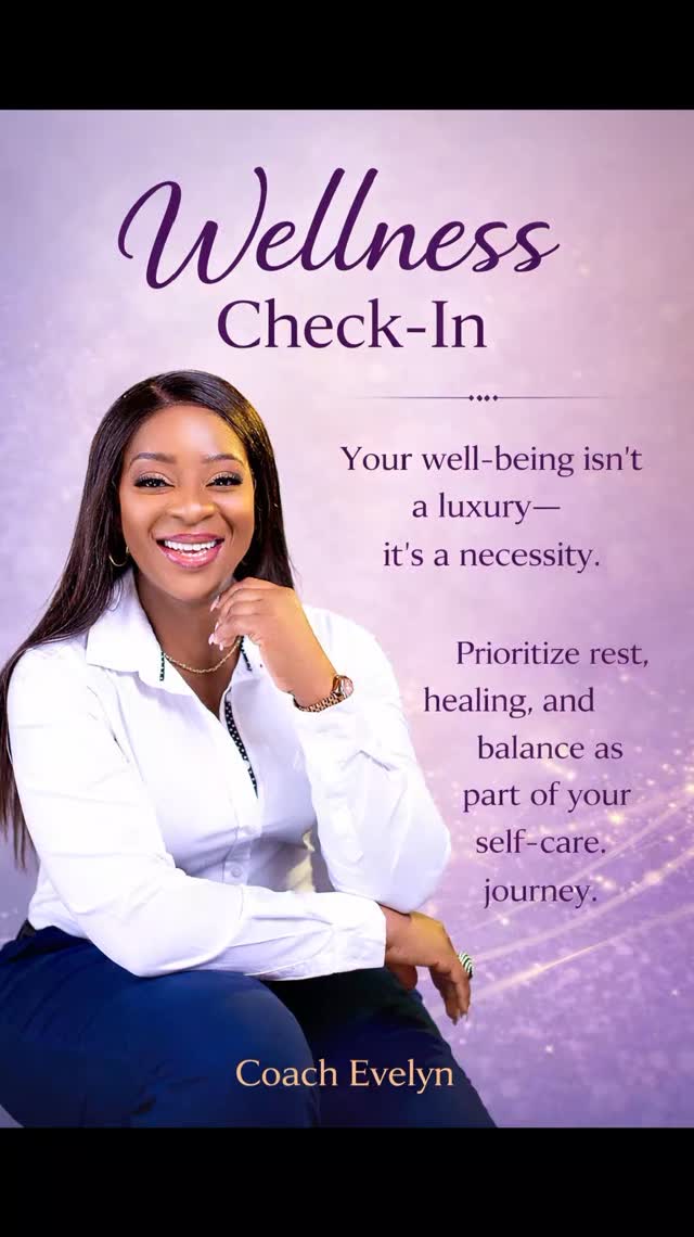 It's time for a mental and physical reset. ✨
​As your wellness coach, I see you—the one who takes care of everyone else, the one who pushes through fatigue, and the one who puts their own needs on the back burner.

​But I'm here to remind you of a powerful truth: "Your well-being isn't a luxury—it's a necessity."

​You can't pour from an empty cup. Prioritizing rest, healing, and balance isn't selfish; it's the foundation of your self-care journey and the key to showing up as your best self for the people and things that matter most.

​Stop waiting for the "perfect time" to focus on yourself. That time is now.
​My special "Wellness Check-In" session is designed to help you:

​De-clutter your mind and reduce stress.
​Identify areas where your life is out of balance.
​Create a simple, actionable self-care plan that fits your life.

​Reconnect with your inner peace and strength.
​You are worthy of this investment in yourself. Let's make wellness a necessity together.

​🌟 Are you ready to stop surviving and start thriving? 🌟
​Book your "Wellness Check-In" session with Coach Evelyn today and take the first step towards a balanced, healed, and rested you!

​👉 [Link to Booking/Contact Page] (or "Send a direct message to book!")
​Spaces are limited, so reserve yours now. Your well-being is waiting.

​#WellnessCoach #SelfCareJourney #WellnessCheckIn #PrioritizeYourself #BalanceAndHealing