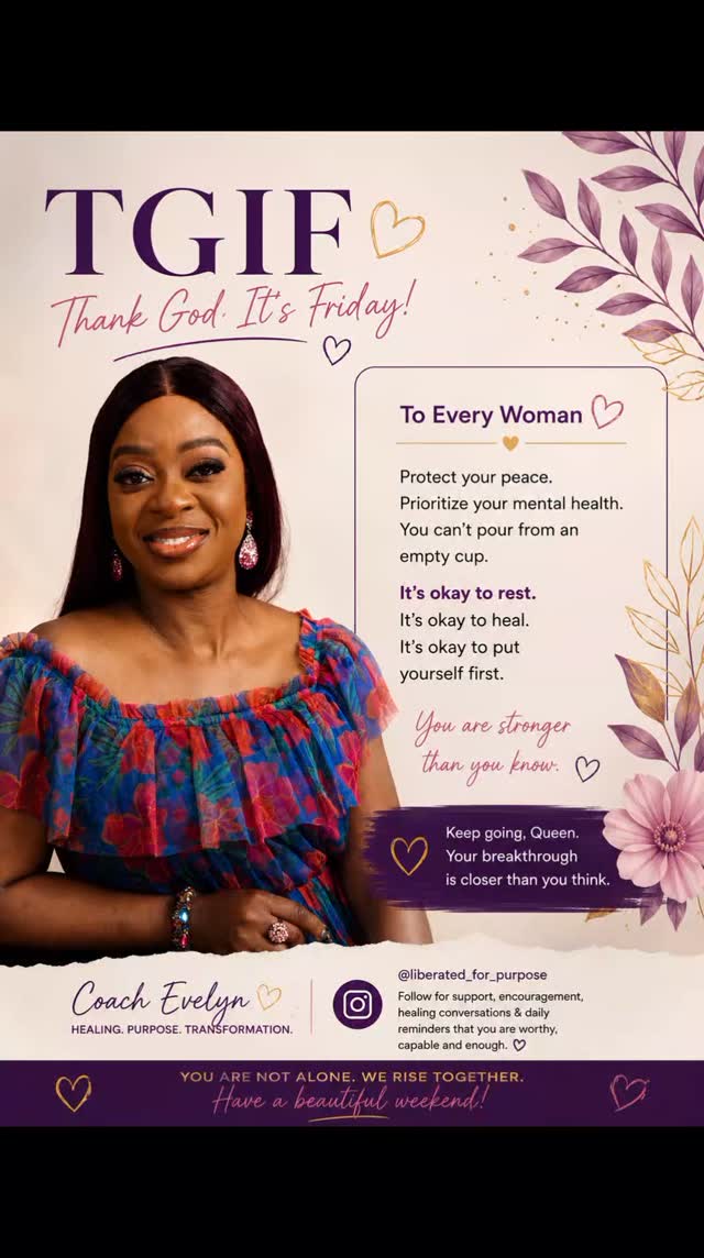 TGIF, beautiful soul 💜

This is your reminder to slow down and check on YOU.

Your mental health matters.
Your peace matters.
And the strong woman everyone sees still deserves rest, support, and healing too.

You do not have to carry every burden in silence.
You do not have to pretend you’re okay when you’re hurting.

Healing takes time.
Growth takes grace.
And surviving difficult moments does not make you weak — it makes you resilient.

This weekend: ✨ Rest your mind
✨ Protect your peace
✨ Be gentle with yourself
✨ Choose healing over pressure

You’ve survived so much already…
and you’re still here. 🌿

 If this message speaks to you, follow @liberated_for_purpose for healing conversations, encouragement, and a safe space for women overcoming trauma, emotional pain, and self-doubt.

Save this post as a reminder for the weekend 💜
And share it with a woman who needs encouragement today.

#TGIF #MentalHealthAwareness #WomenHealing #ProtectYourPeace #HealingJourney